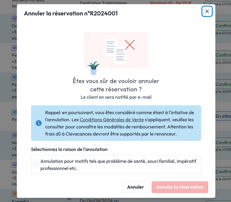 Capture d'écran Modale raison de l'annulation.