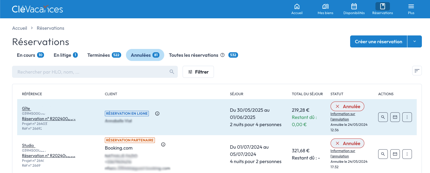 Capture d'écran Réservations annulées.